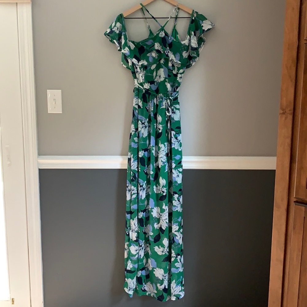 Green and Navy Blue floral print dress. Size M